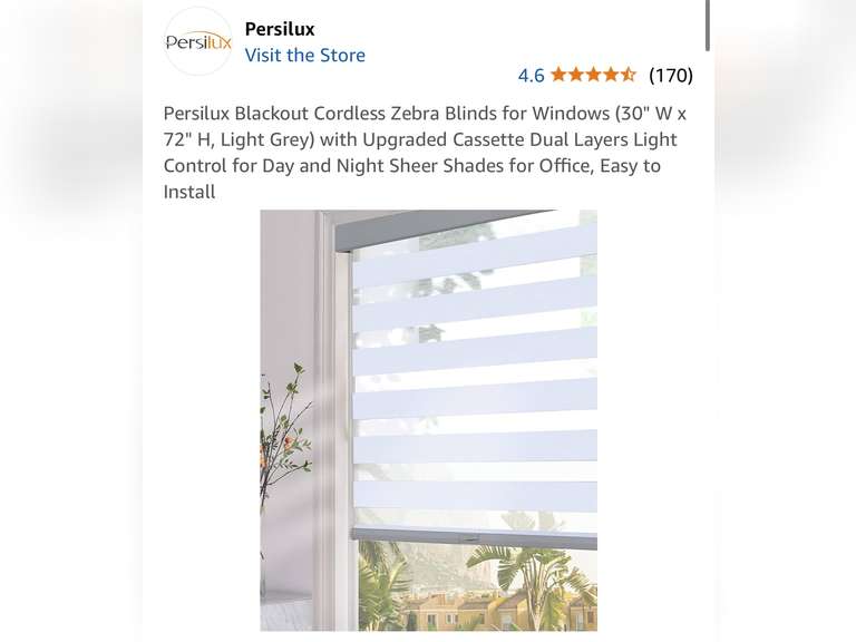 Blackout Cordless Zebra Blinds for Windows (30" W x 72" H, Light Grey)