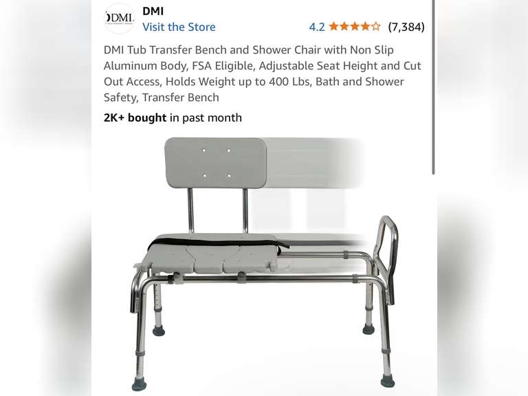 DMI Tub Transfer Bench and Shower Chair with Non Slip Aluminum Body