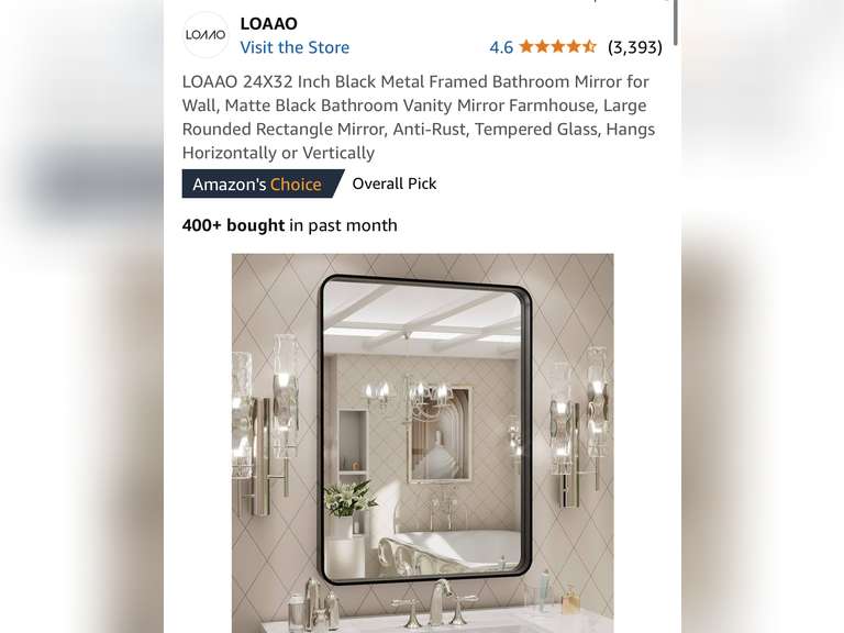 24X32 Inch Black Metal Framed Bathroom Mirror