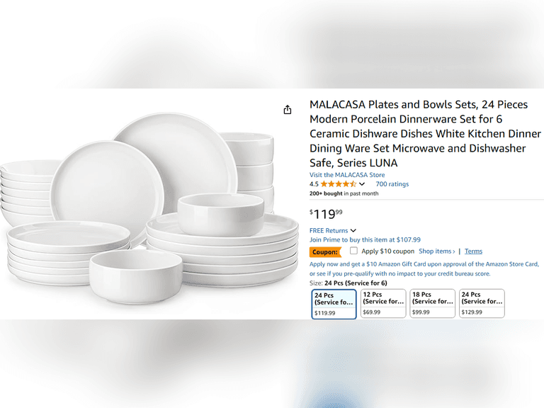 MALACASA Plates and Bowls Sets, 24 Pieces