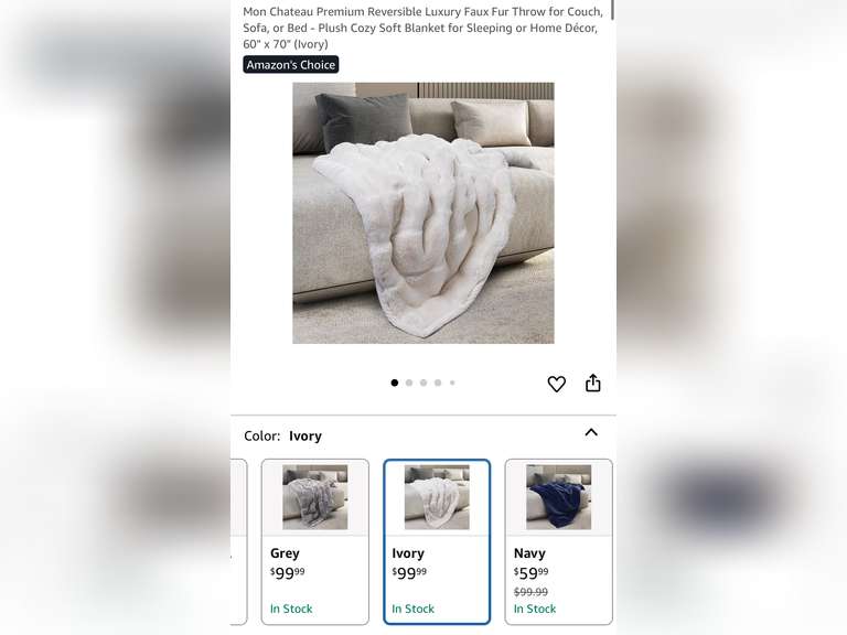 Mon Chateau Premium Reversible Luxury Faux Fur Throw, 60" x 70" (Ivory)