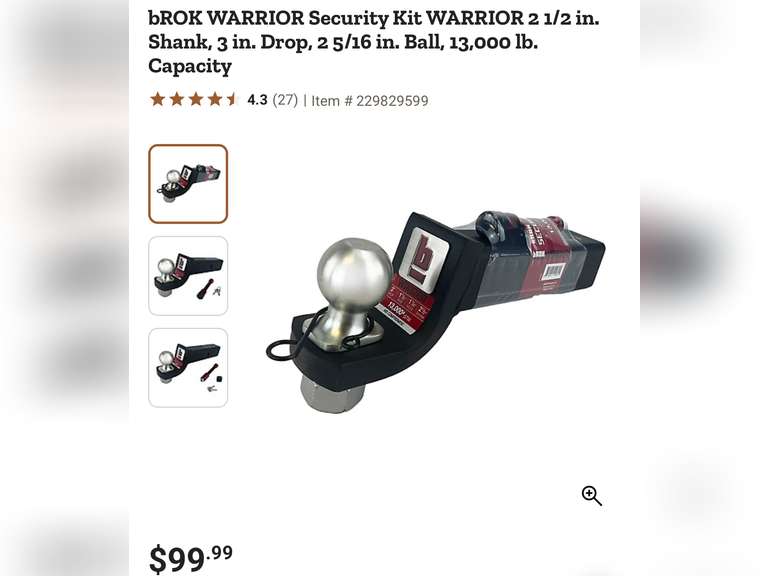 bROK WARRIOR, 3 in. Drop, 2 5/16 in. Ball, 13,000 lb.