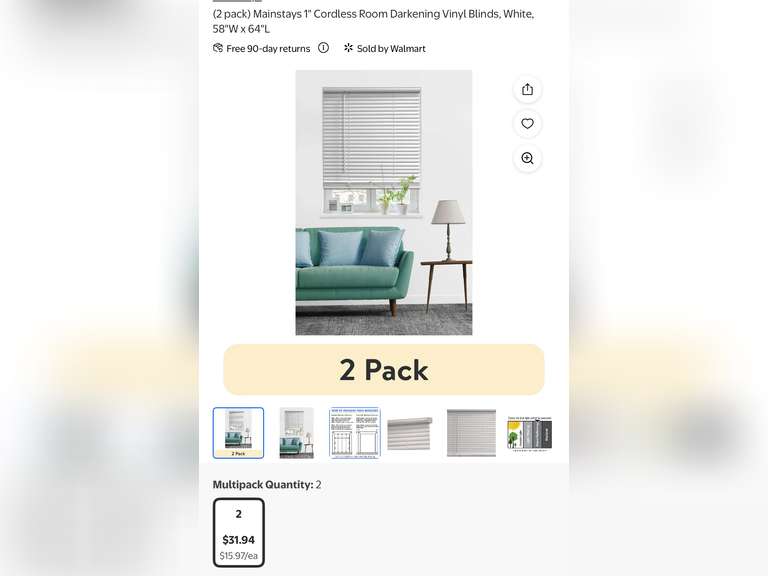 (2 pack) Mainstays 1" Cordless Room Darkening Vinyl Blinds, White, 58"W x 64"L