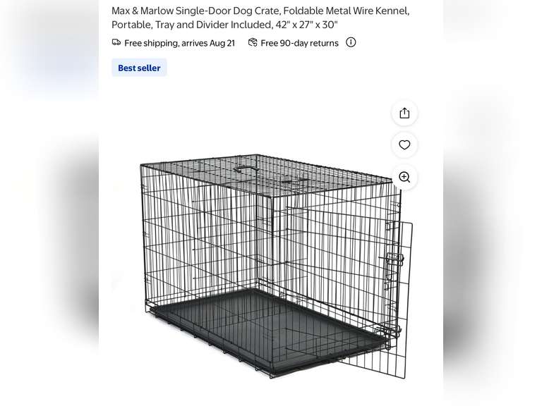Max & Marlow Single-Door Dog Crate, Foldable Metal Wire Kennel 42" x 27" x 30"
