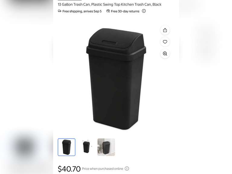 13 Gallon Trash Can,Swing Top , Black