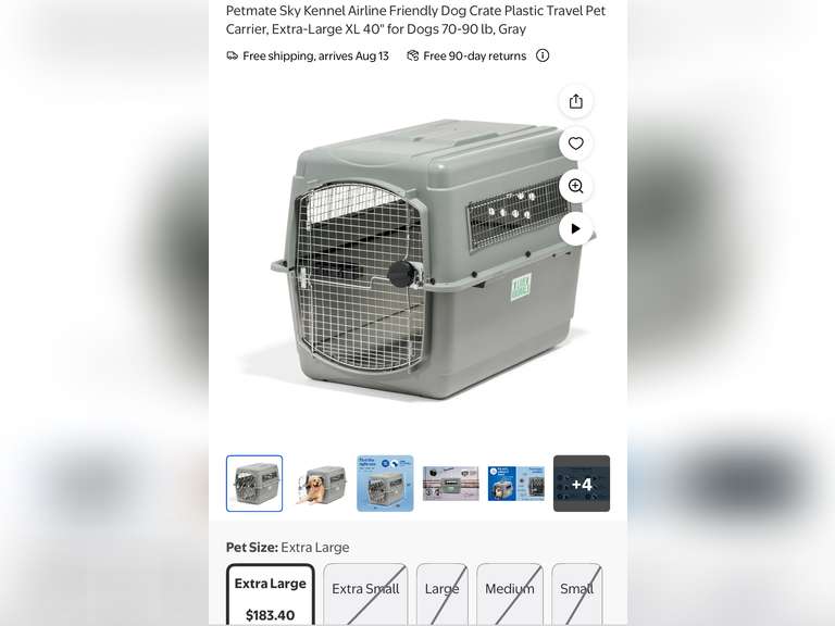 Petmate Sky Kennel Airline Friendly Dog Crate XL 40”for Dogs 70-90 lbs, Gray