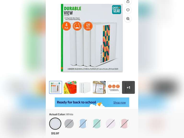 Pen+Gear Durable View 1-inch D-Ring Binder, White, 8 Count