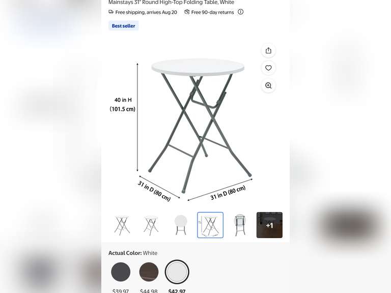 Mainstays 31" Round High-Top Folding Table, White