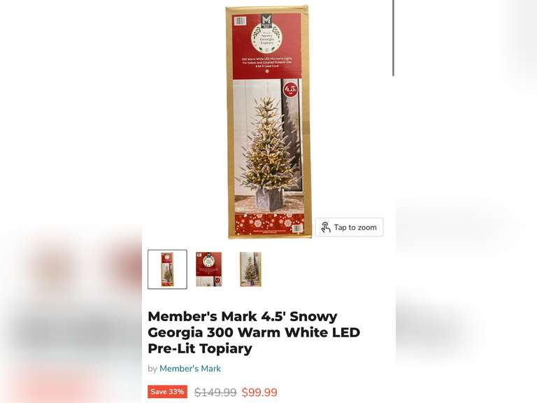Member's Mark 4.5' Snowy Georgia 300 Warm White LED Pre-Lit Topiary