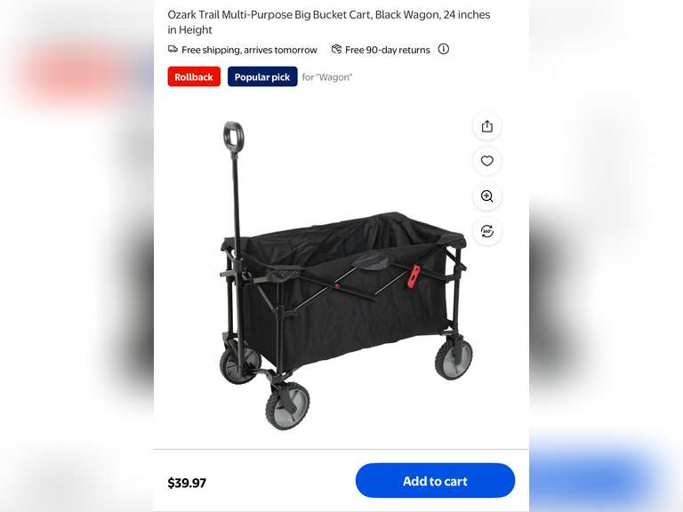 Ozark Trail Multi-Purpose Big Bucket Cart, Black Wagon, 24 inches in Height