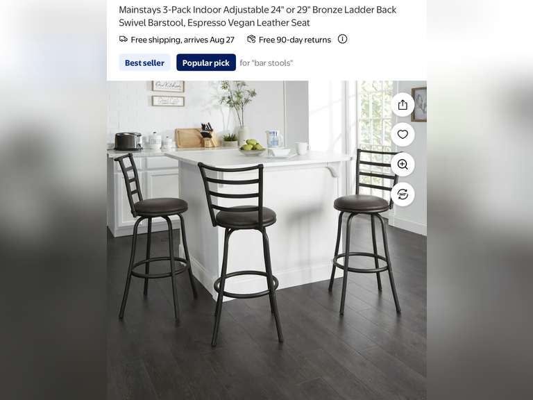 Mainstays 3-Pack Indoor Adjustable 24" or 29" Bronze Ladder Back Swivel Barstool, Espresso Vegan Lea