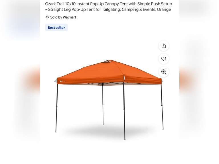 Ozark Trail 10x10 Instant Pop Up Canopy Tent with Simple Push Setup  Orange