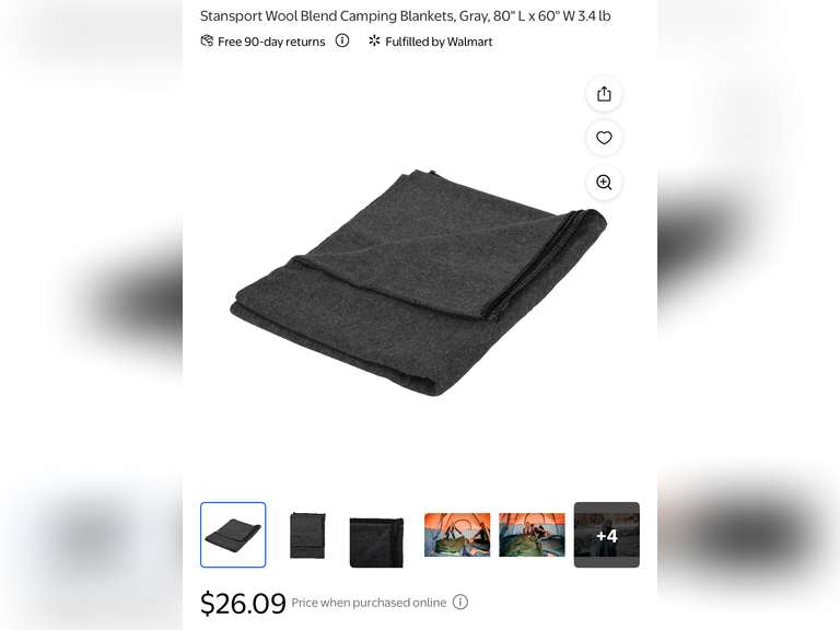 Stansport Wool Blend Camping Blankets, Gray, 80" L x 60" W (2 Pack)