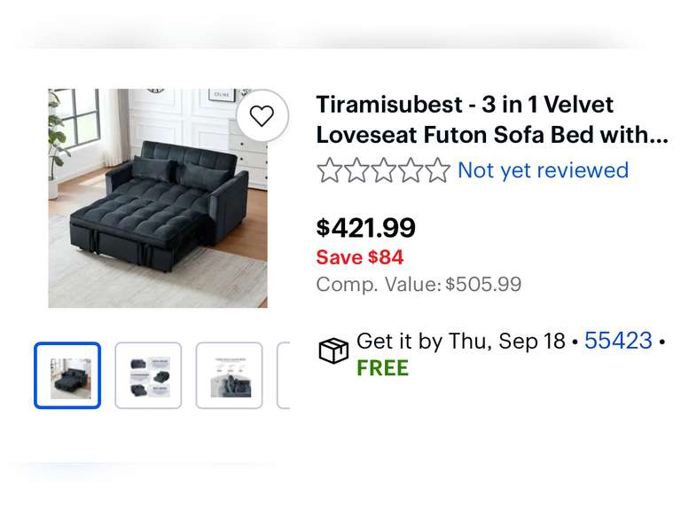 Tiramisubest - 3 in 1 Velvet Loveseat Futon Sofa Bed