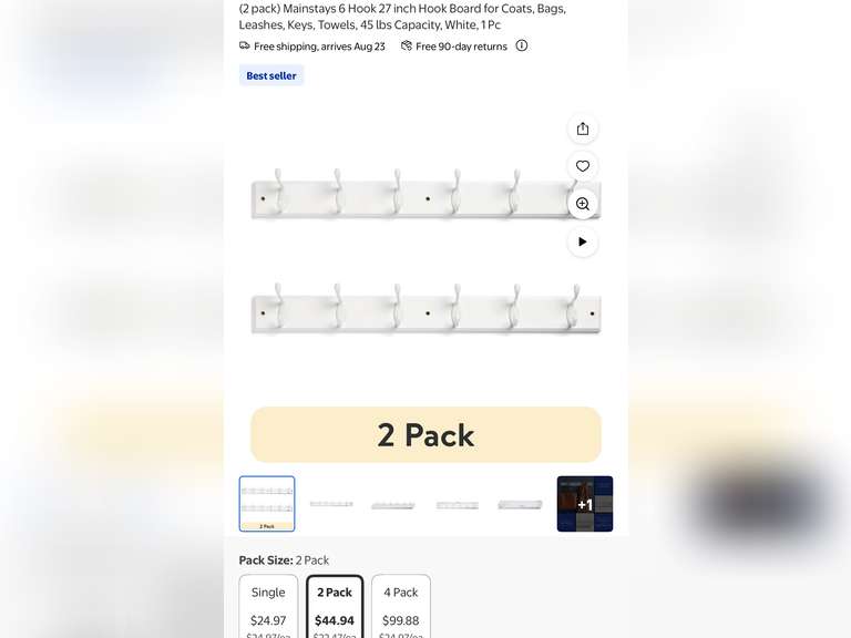 (2 pack) Mainstays 6 Hook 27 inch Hook Board