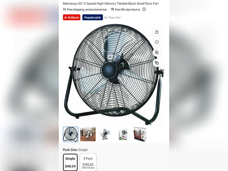 Mainstays 20" 3-Speed High Velocity Tiltable Black Steel Floor Fan