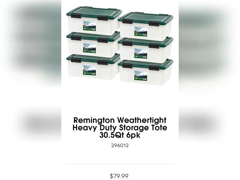 Remington Weathertight Heavy Duty Storage Tote 30.5Qt 6pk
