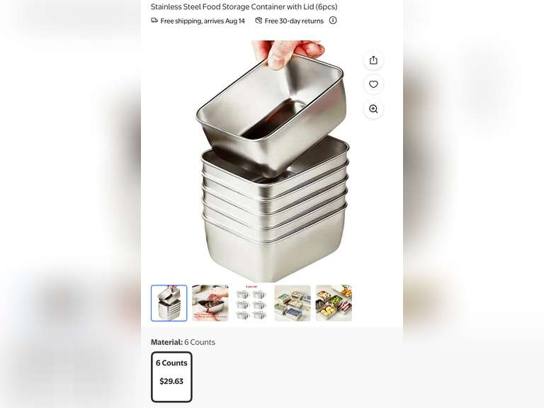 Stainless Steel Food Storage Container with Lid (6pcs) (3 SETS)