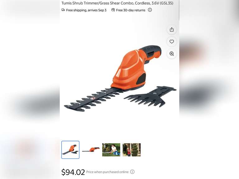 Tumis Shrub Trimmer/Grass Shear Combo, Cordless, 3.6V