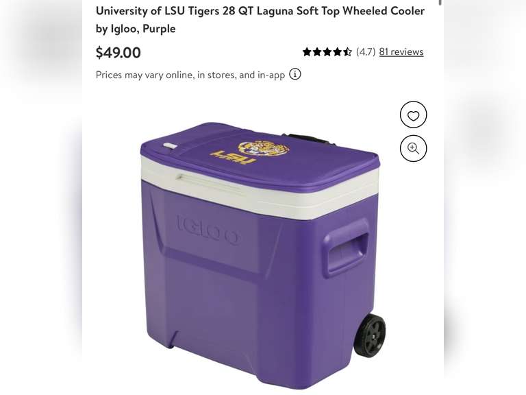 University of LSU Tigers 28 QT Laguna Soft Top Wheeled Cooler by Igloo, Purple