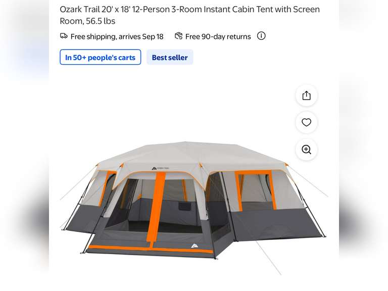 Ozark Trail 20' x 18' 12-Person 3-Room Instant Cabin Tent with Screen Room
