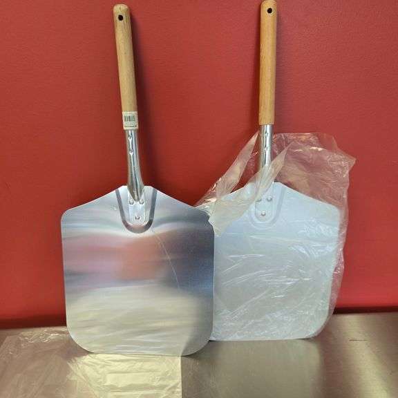 (2) New Choice 12" x 14" Aluminum Pizza Peels with 12" Wood Handles - Model # 407PPA121426