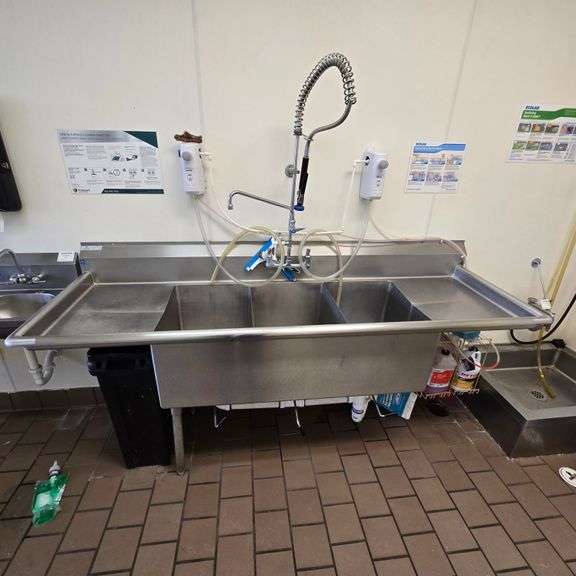 Duke Stainless Steel 3 Compartment Sink with Left and Right Drainboards, (3) Lever Drains, Spray ...