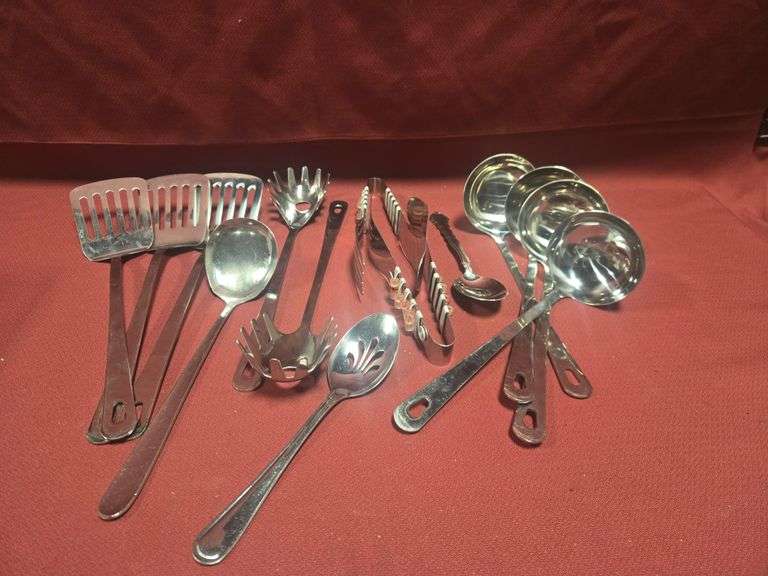 (14) Assorted Serving Utensils with (2) Decorative Salad Tongs