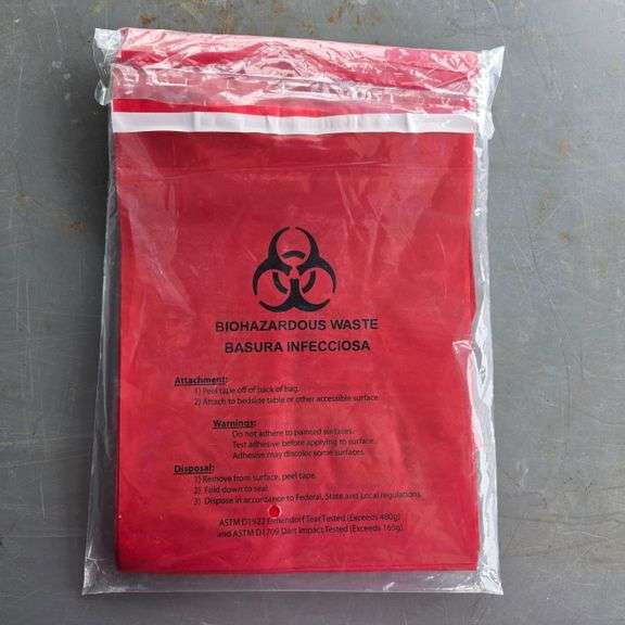 (5) New Boxes of Unimed Stick on Biohazardous Waste Bags - 100 Bags per Box - 9" x 10"