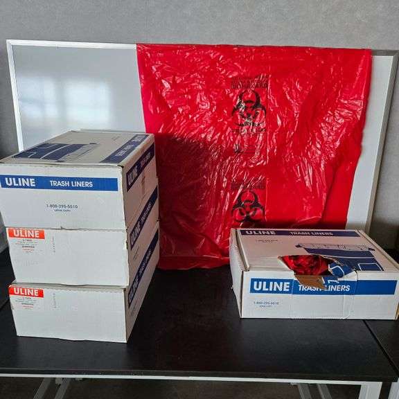 (3) New Boxes of Uline 44-55gal Biohazard bags with 100 Bags per Box - Model # S-15509, (1) Open ...
