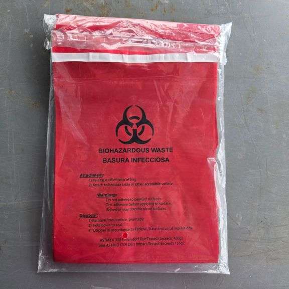 (5) New Boxes of Unimed Stick on Biohazardous Waste Bags - 100 Bags per Box - 9" x 10"