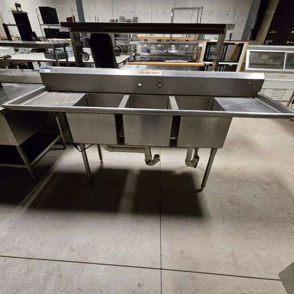 Universal Stainless Steel Three Compartment Sink with Left and Right Drain Ports and Lever Drains...