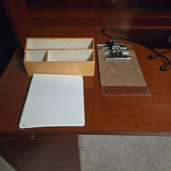 (3) Clipboards, (1) Binder, (1) Wooden Desk Organizer - 14" x 5" x 6"