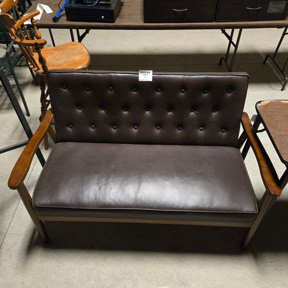 Lounge Seat with Wood Frame & Dark Brown Vinyl Seats - 50" x 27" x 33"