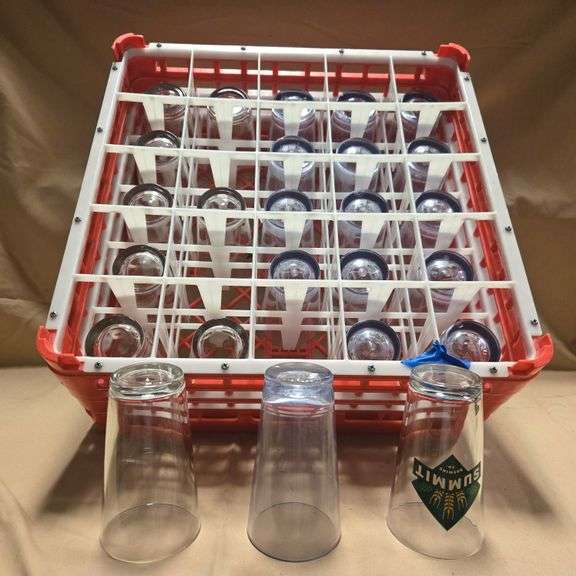 (25) Assorted 16oz Beer Glasses, (1) 25 Compartment Dishwasher Rack