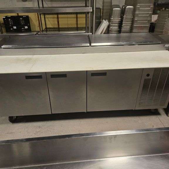 Delfield 91" Refrigerated Pizza Prep Table on Casters with 3 Doors and 2 Hinged Covers - Model # ...