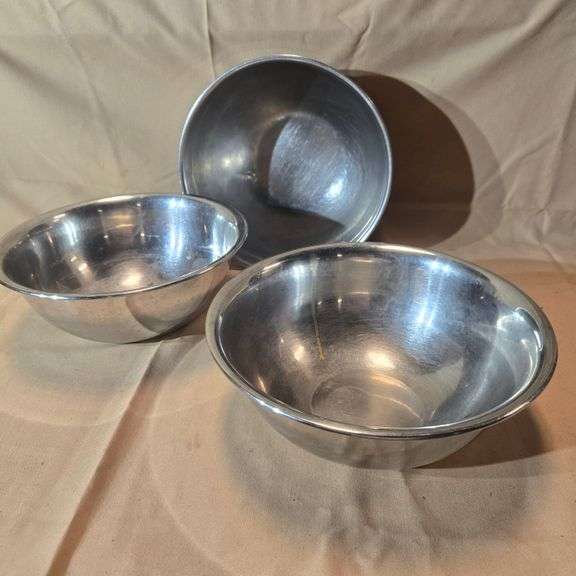 (2) Stainless Steel Mixing Bowls - 10" x 10" x 3.5", (1) Stainless Steel Mixing Bowl