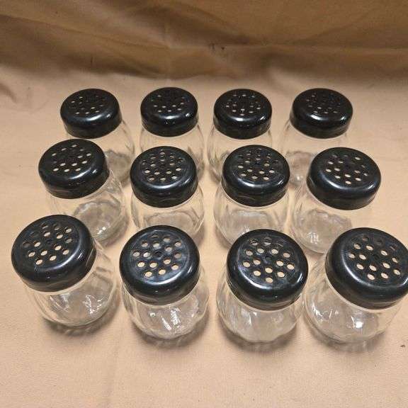 (12) Glass Cheese Shakers with Swirl Design and Perforated Lids