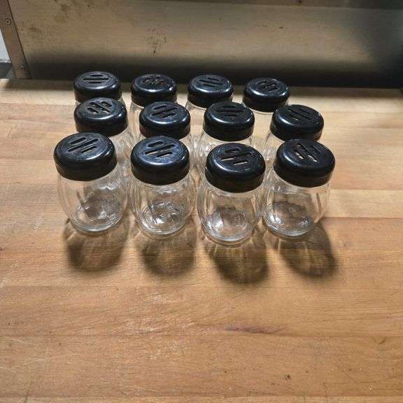 (12) Glass Cheese Shakers with Swirl Design and Slotted Lids