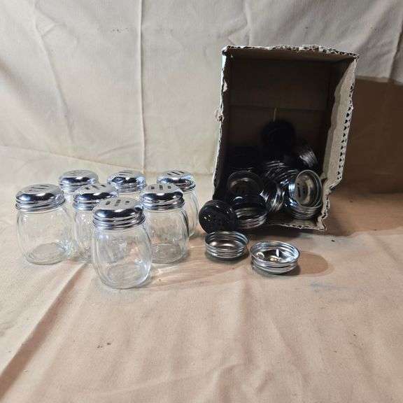 (7) Glass Cheese Shakers with Swirl Design and Chrome Plated Slotted Lids, (1) Box of Assorted Sh...