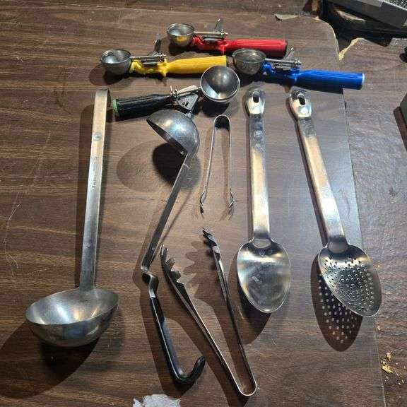 (8) Assorted Vollrath Stainless Steel Serving Spoons, (4) Assorted Lever Dishers, (4) Assorted To...