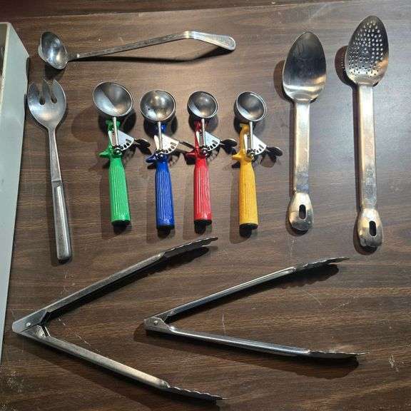 (8) Assorted Vollrath Stainless Steel Serving Spoons, (4) Assorted Syscoware Lever Dishers, (4) S...