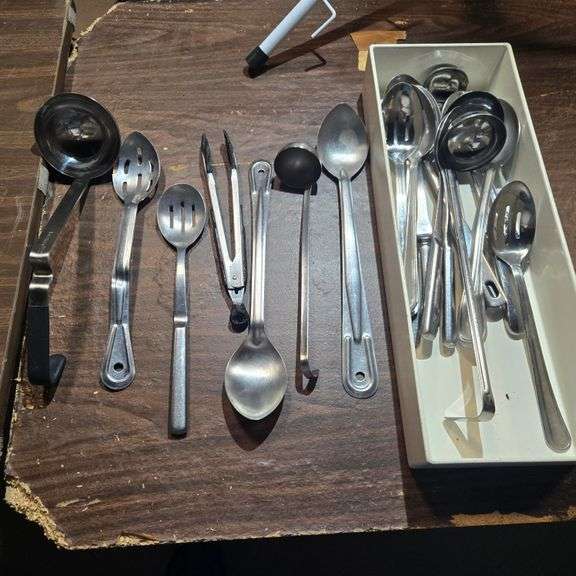 (13) Assorted Stainless Steel Serving Spoons, (5) Assorted Ladles, (1) Tong with Silicone Head, (...