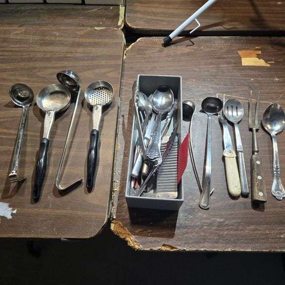 (8) Assorted Stainless Steel Serving Spoons, (4) Assorted Stainless Steel Ladles, (2) Portion Con...