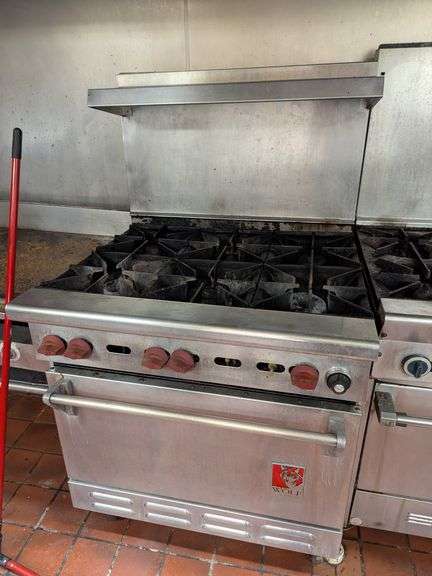 Wolf 6 Burner Range on Casters with Standard Oven and Stainless Over Shelf - Model # C34S-77 - Nat..