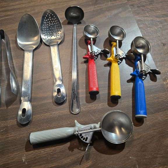 (8) Assorted Vollrath Stainless Steel Serving Spoons, (4) Assorted Syscoware Lever Dishers, (4) S...