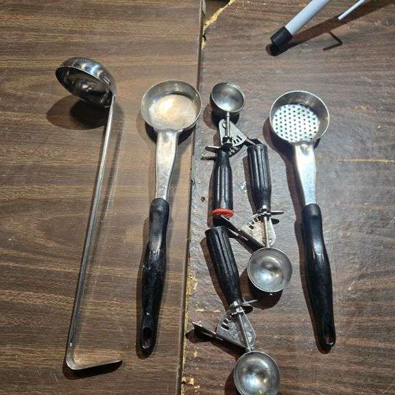 (5) Vollrath 13" Stainless Steel Serving Spoons, (4) Assorted Stainless Steel Portion Controls, (...
