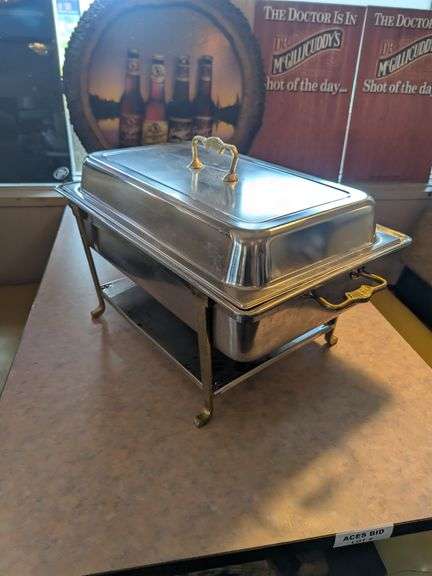 Chaffing Dish with Brass Accents - Comes with Frame, (2) Fuel Holders, 4" Water Pan, and Dome Lid