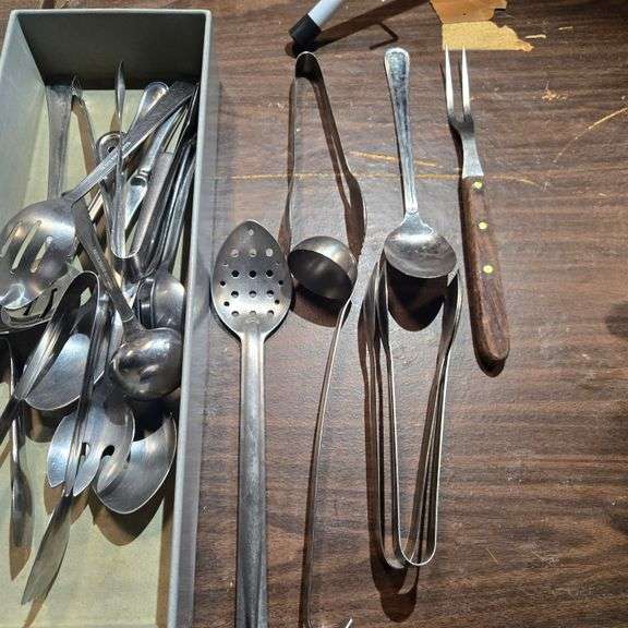 (7) Assorted Stainless Steel Tongs, (8) Assorted Stainless Steel Serving Spoons, (2) Assorted Lad...