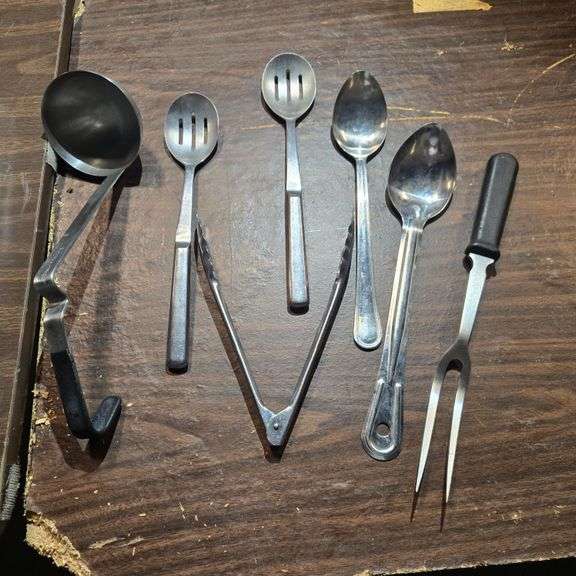 (11) Assorted Stainless Steel Serving Spoons, (4) Assorted Tongs, (2) Vollrath 8oz Ladles, (2) La...